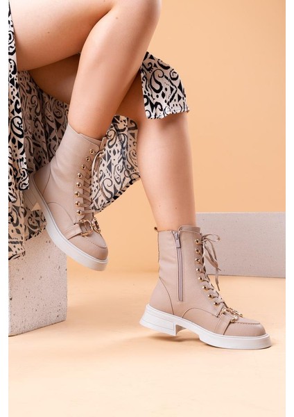 Özel Seri Tokalı Aksesuar Kaymaz Taban Kürk İç Astarlı Rahat Deri Amelya Kadın Bej Günlük Şık Bot fırsatları