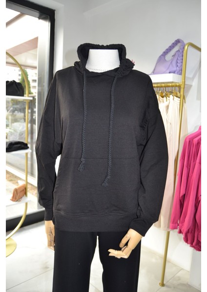 Siyah Pamuklu Kanguru Cepli Kapüşonlu Sweatshirt