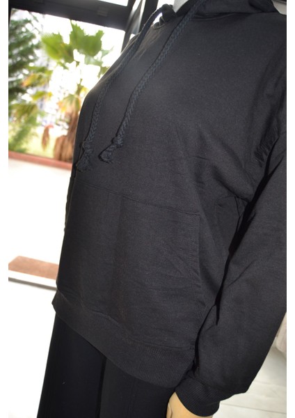 Siyah Pamuklu Kanguru Cepli Kapüşonlu Sweatshirt fiyatları