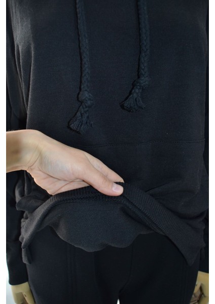 Siyah Pamuklu Kanguru Cepli Kapüşonlu Sweatshirt modelleri