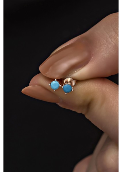 925 Ayar Gümüş Rose 3 mm Turkuaz Taşlı Tektaş Küpe
