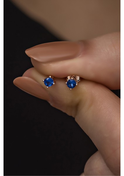 925 Ayar Gümüş Rose 3 mm Lacivert Taşlı Tektaş Küpe