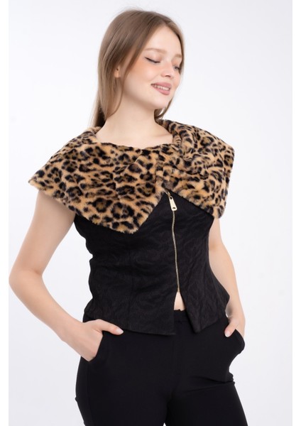 Kadın Fermuarlı Geniş Yakalı Leopar Desenli Yelek fırsatları