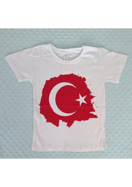 Türk Bayrağı Baskılı Kısa Kollu Çocuk T-Shirt 5-12 Yaş Beyaz