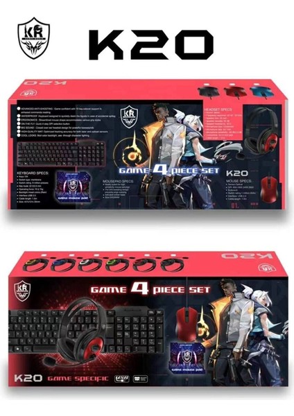 K20 Oyuncu Gamer Seti Klavye + Mouse + Kulaklık + Mouse Pad 4in1 Set