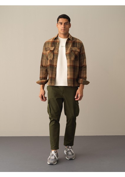 Erkek Camel Regular Fit Cepli Ekose Gömlek