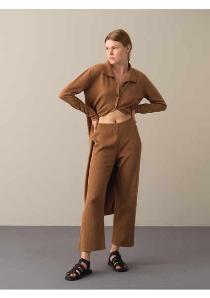 Kadın Camel Oversize Triko Pantolon