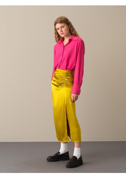 Kadın Sarı Regular Fit Saten Etek