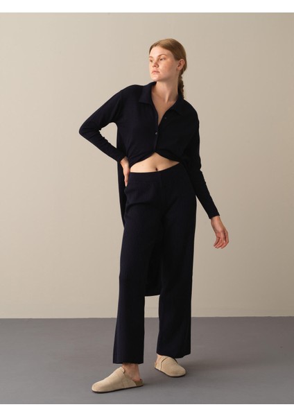 Kadın Lacivert Oversize Triko Pantolon