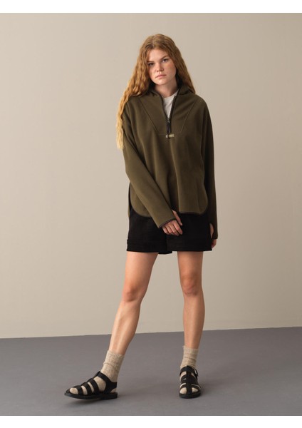 Kadın Haki Fermuarlı Polar Sweatshirt