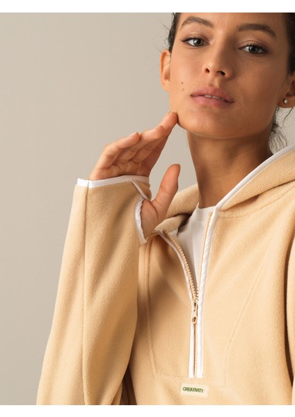 Kadın Bej Fermuarlı Polar Sweatshirt