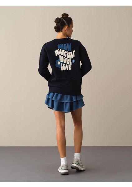 Kadın Lacivert Oversize Baskılı Sweatshirt modelleri