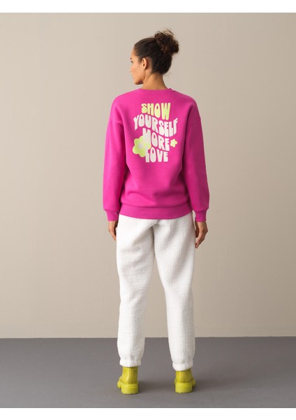 Kadın Fuşya Oversize Baskılı Sweatshirt