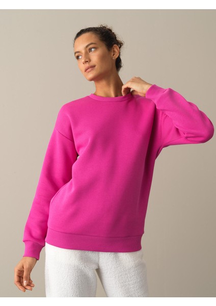 Kadın Fuşya Oversize Baskılı Sweatshirt modelleri