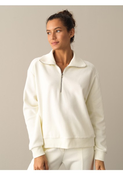 Kadın Ekru Pamuklu Oversize Sweatshirt