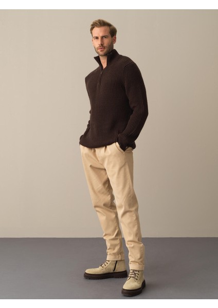 Erkek Kahverengi Yarım Fermuarlı Kazak