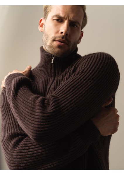 Erkek Kahverengi Yarım Fermuarlı Kazak fırsatları