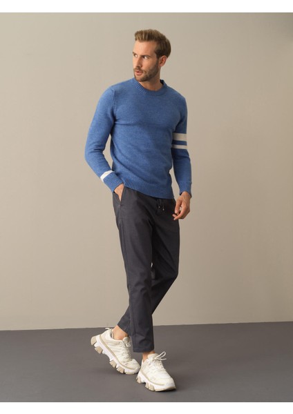 Erkek Mavi Regular Fit Çizgi Detaylı Kazak