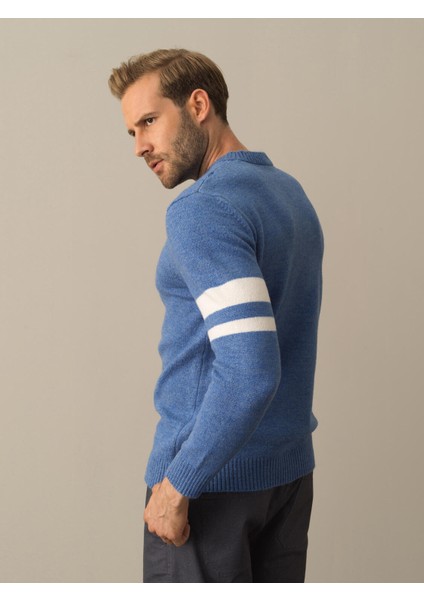 Erkek Mavi Regular Fit Çizgi Detaylı Kazak modelleri