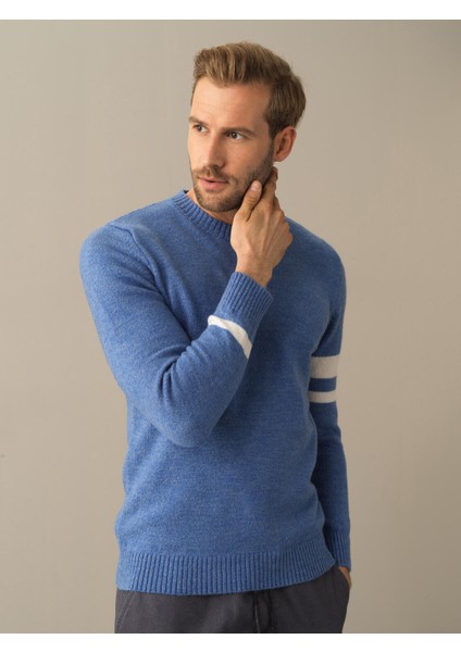 Erkek Mavi Regular Fit Çizgi Detaylı Kazak fırsatları