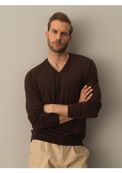 Erkek Kahverengi Regular Fit Basic Kazak
