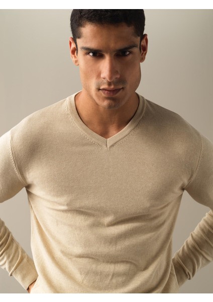 Erkek Bej Regular Fit Basic Kazak