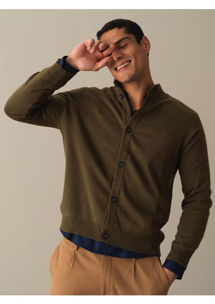 Erkek Haki Düğmeli Basic Hırka