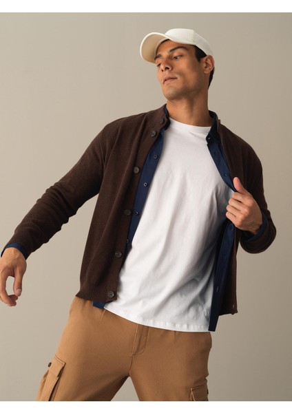 Erkek Kahverengi Düğmeli Basic Hırka