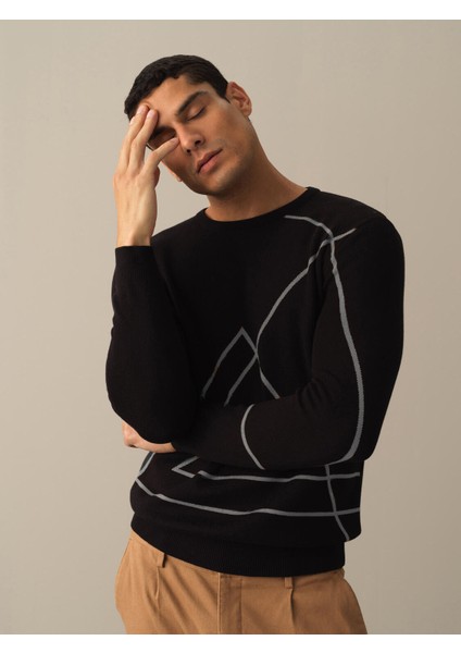 Erkek Siyah Regular Fit Desenli Kazak