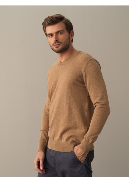 Erkek Camel Regular Fit Basic Kazak modelleri