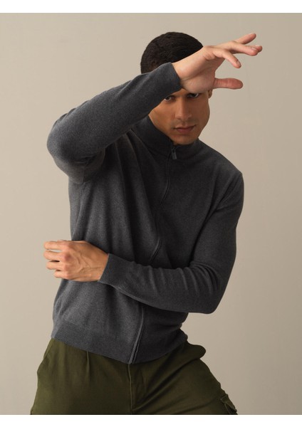 Antrasit Fermuarlı Basic Hırka