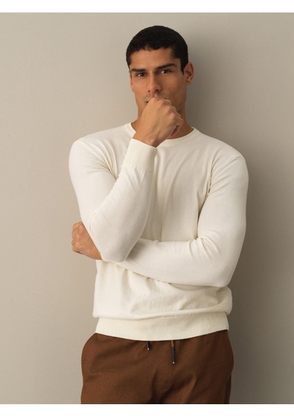 Erkek Ekru Regular Fit Basic Kazak modelleri