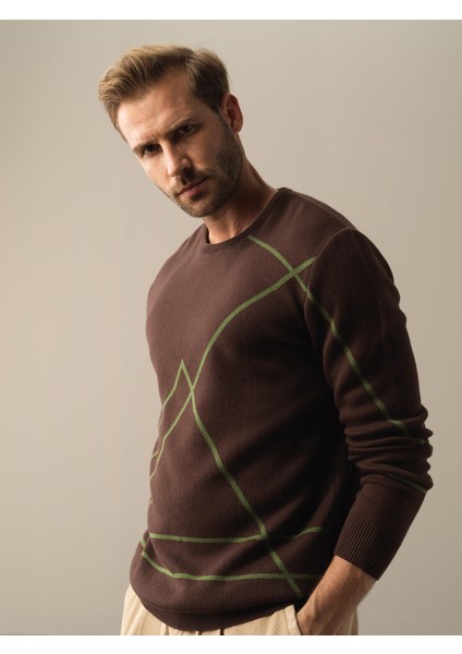 Erkek Kahverengi Regular Fit Desenli Kazak