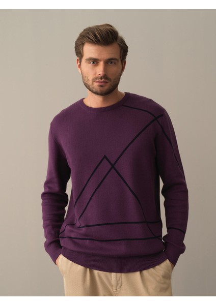 Erkek Mor Regular Fit Desenli Kazak