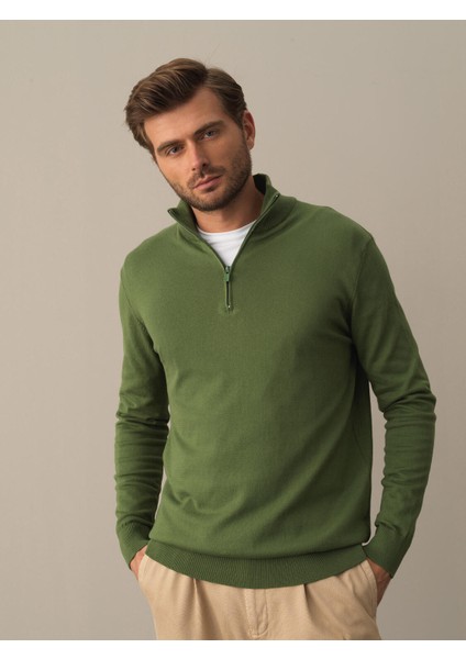 Erkek Yeşil Pamuklu Regular Fit Basic Kazak