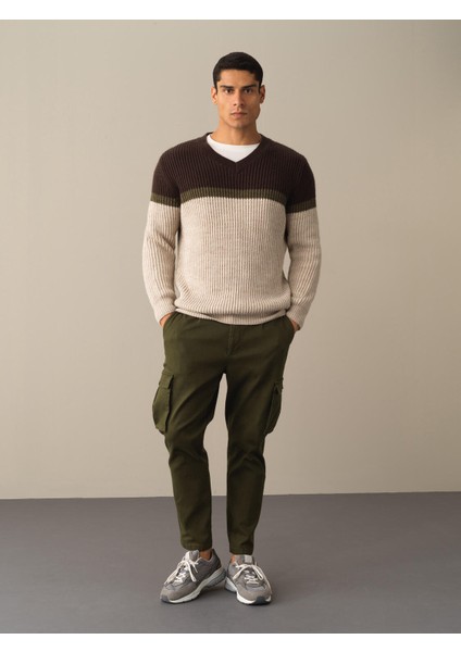 Erkek Bej Çizgi Detaylı Kazak