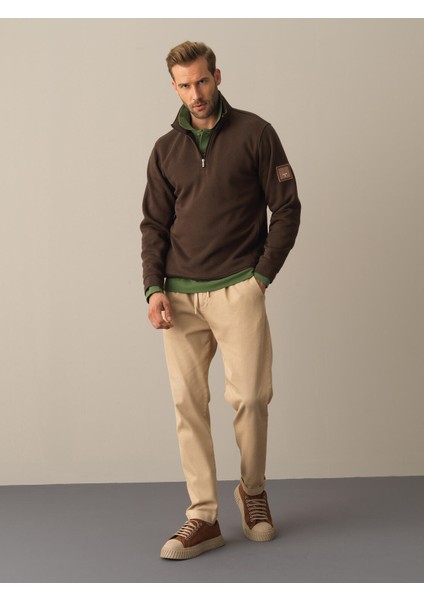 Erkek Kahverengi Pamuklu Dik Yaka Sweatshirt