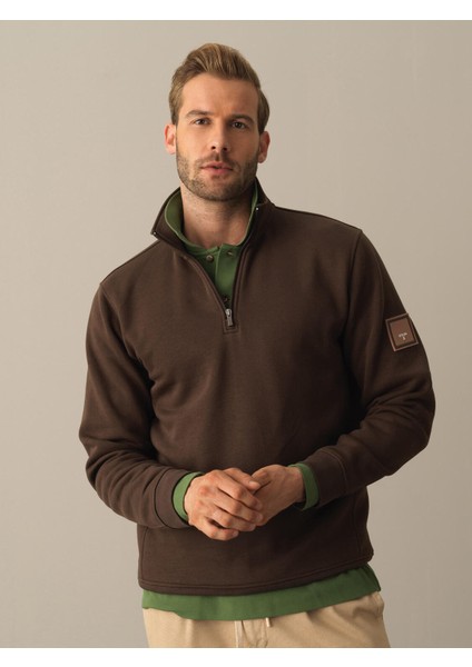 Erkek Kahverengi Pamuklu Dik Yaka Sweatshirt fiyatları