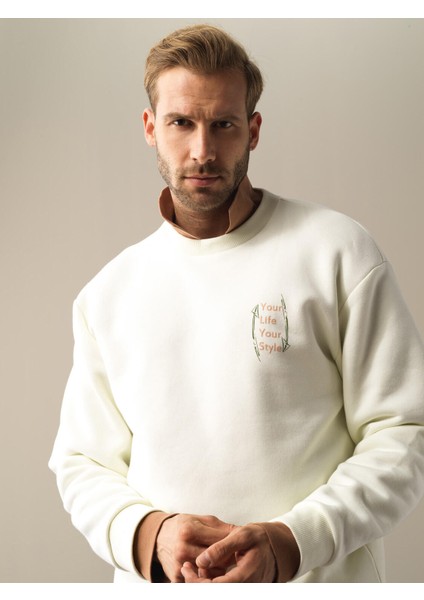 Bisiklet Yaka Pamuklu Oversize Baskılı Sweatshirt