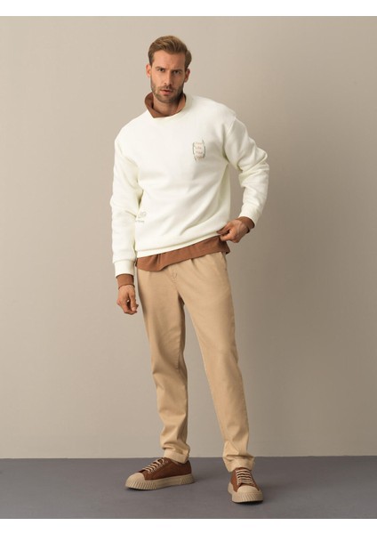 Erkek Ekru Oversize Baskılı Sweatshirt