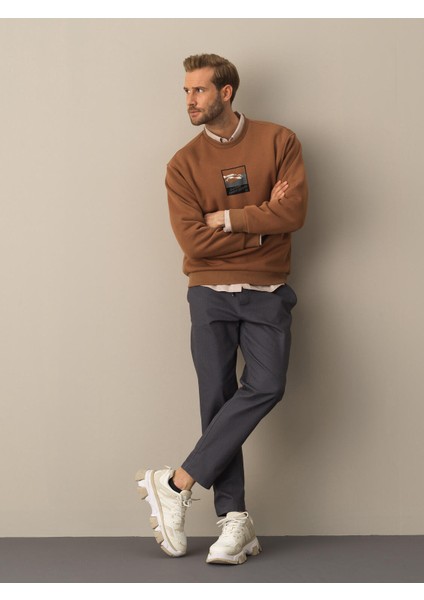 Erkek Camel Oversize Baskılı Sweatshirt