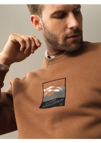 Erkek Camel Oversize Baskılı Sweatshirt modelleri