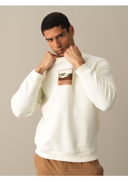 Erkek Ekru Oversize Baskılı Sweatshirt