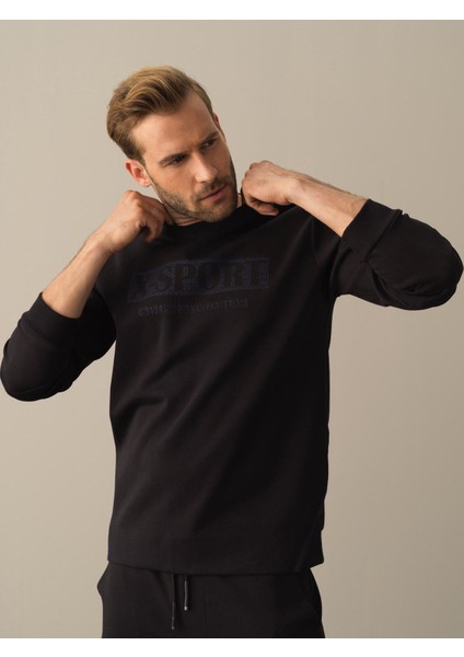 Erkek Siyah Slim Fit Baskılı Sweatshirt