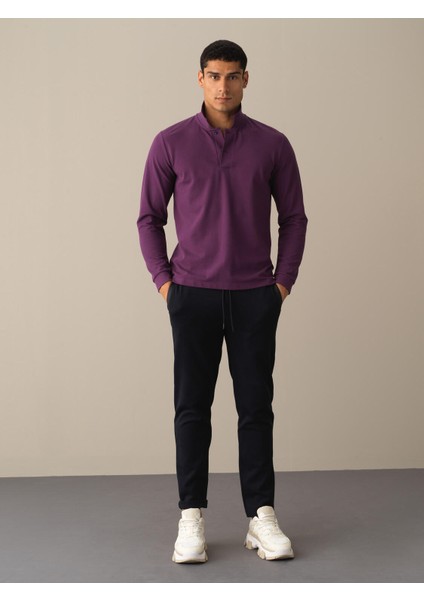 Erkek Mor Polo Yaka Fit Basic Tişört