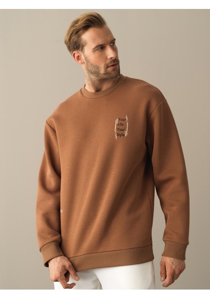 Erkek Camel Oversize Baskılı Sweatshirt fırsatları