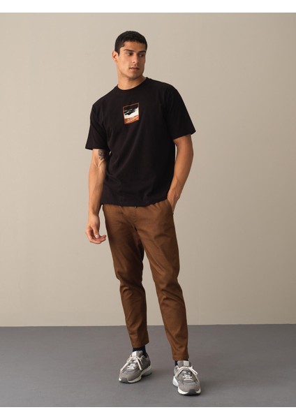 Erkek Siyah Oversize Baskılı Tişört