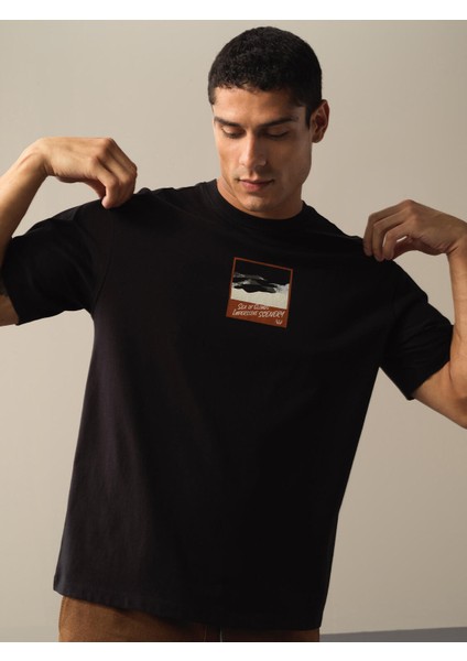 Erkek Siyah Oversize Baskılı Tişört fiyatları