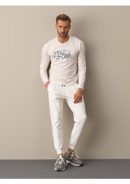 Erkek Beyaz Slim Fit Baskılı Modal Tişört