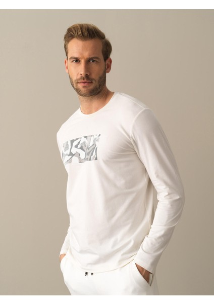 Erkek Beyaz Slim Fit Baskılı Modal Tişört modelleri